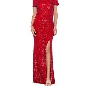 New xscape size 4 Red Sequin Off-Shoulder Dress nwt